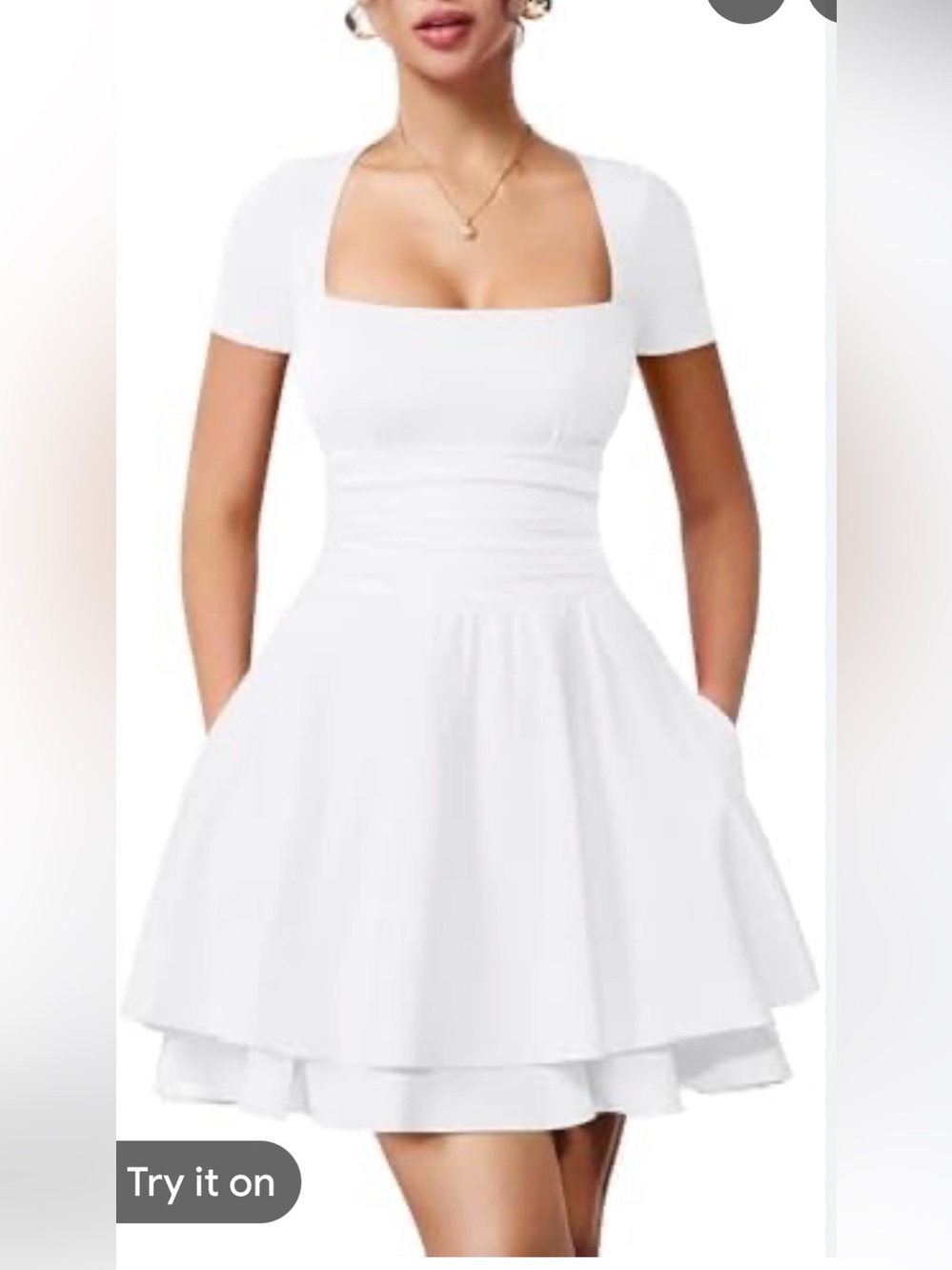 White Square-Neck with Capped Sleeve Fit & Flare Dress with POCKETS